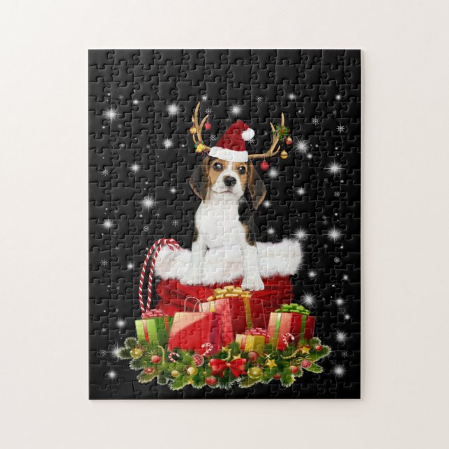 Beagle Reindeer präsentiert Weihnachtsgeschenk Puzzle (Vertikal)