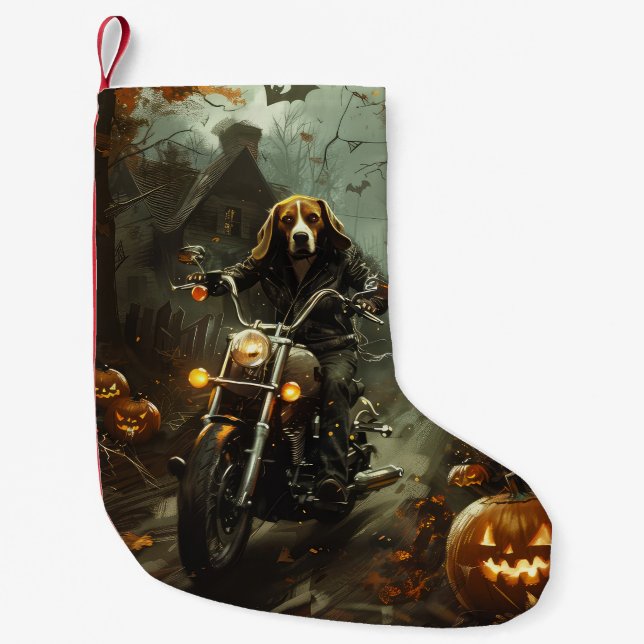 Beagle Riding Motorrad Halloween Beängstigend Kleiner Weihnachtsstrumpf (Vorderseite)