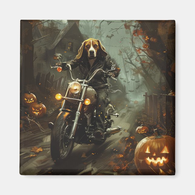 Beagle Riding Motorrad Halloween Beängstigend Magnet (Vorne)