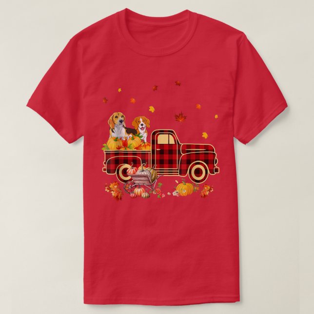 Beagle Riding Truck Pumpkin Autumn Leaves Fall  T-Shirt (Design vorne)