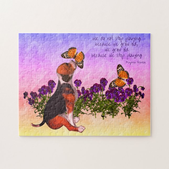 Beagle-Schmetterlinge Blume Inspirationszeitquote Puzzle (Horizontal)
