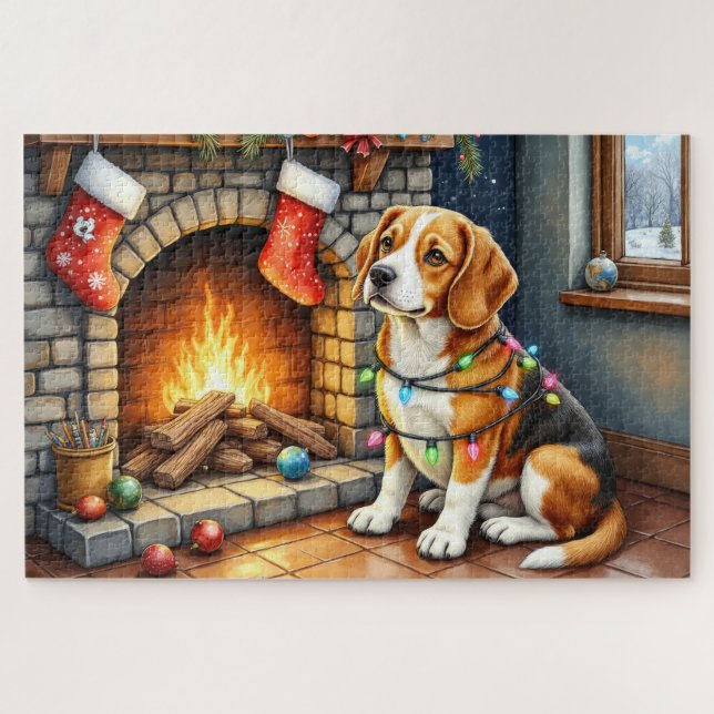 Beagle Sitting by Fireplace with Christmas Lights Puzzle (Horizontal)