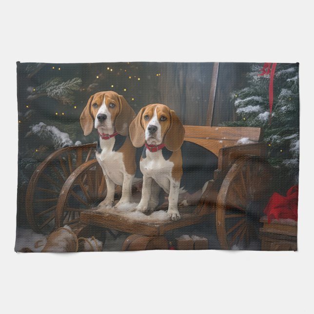 Beagle Snowy Sleigh Weihnachtsdekor Geschirrtuch (Horizontal)