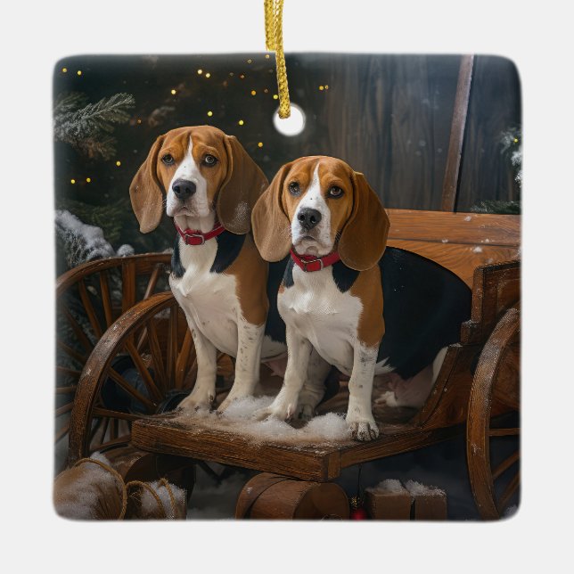 Beagle Snowy Sleigh Weihnachtsdekor Keramikornament (Vorderseite)