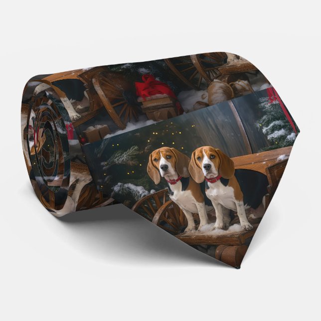 Beagle Snowy Sleigh Weihnachtsdekor Krawatte (Gerollt)