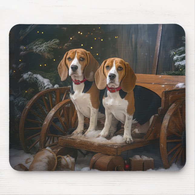 Beagle Snowy Sleigh Weihnachtsdekor Mousepad (Vorne)