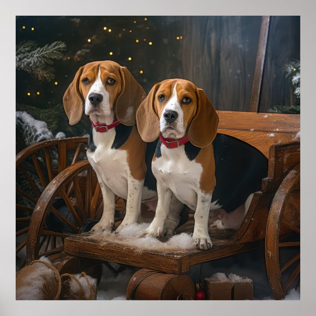 Beagle Snowy Sleigh Weihnachtsdekor Poster (Vorne)