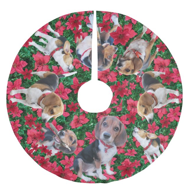 Beagle-u. Poinsettia-Weihnachtsbaum-Rock Polyester Weihnachtsbaumdecke (Vorderseite)