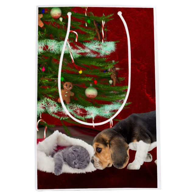 Beagle und freches Kitty Weihnachten Mittlere Geschenktüte (Vorderseite)