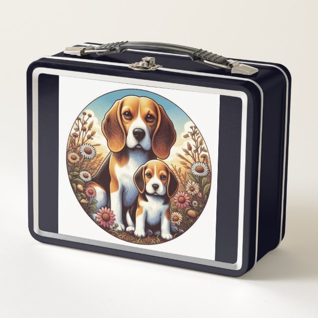 Beagle und Welpe, Metall Brotdose (Vorderseite)
