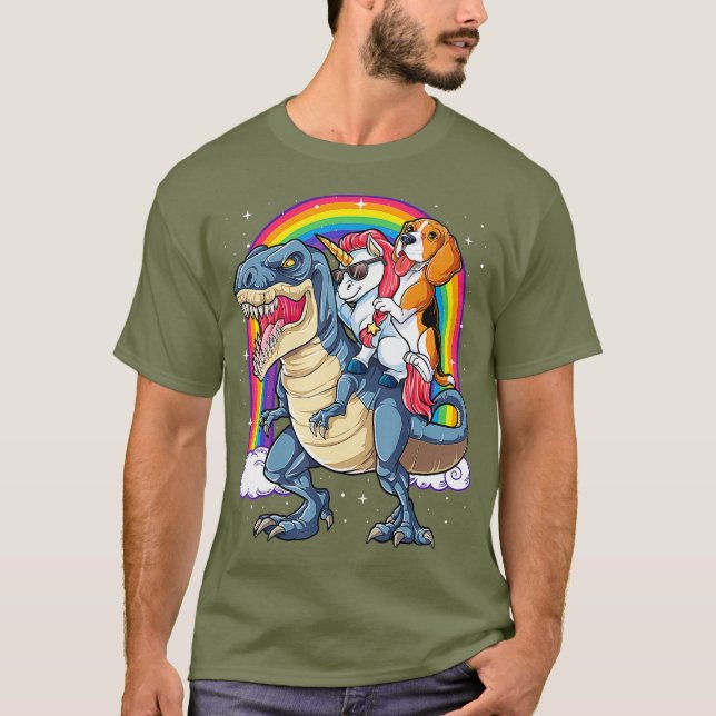 Beagle Unicorn Riding Dinosaur T rex Girls Kids T-Shirt (Vorderseite)