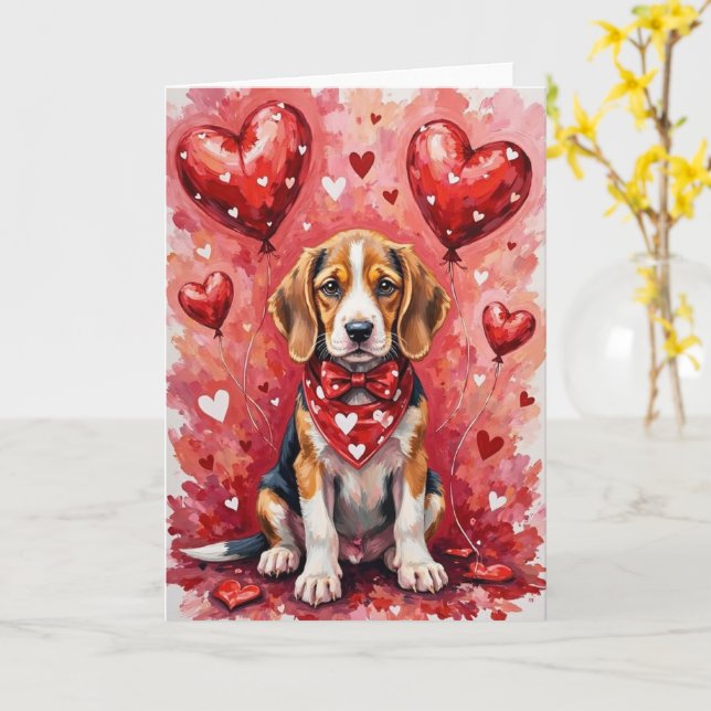 Beagle Valentine’s Day Dog with Hearts Red Karte (Gelbe Blume)