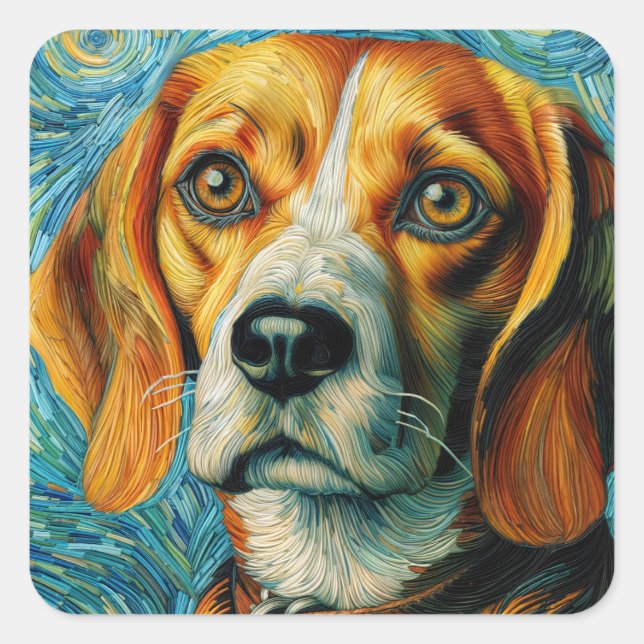 Beagle Van Gogh Stil Quadratischer Aufkleber (Vorderseite)