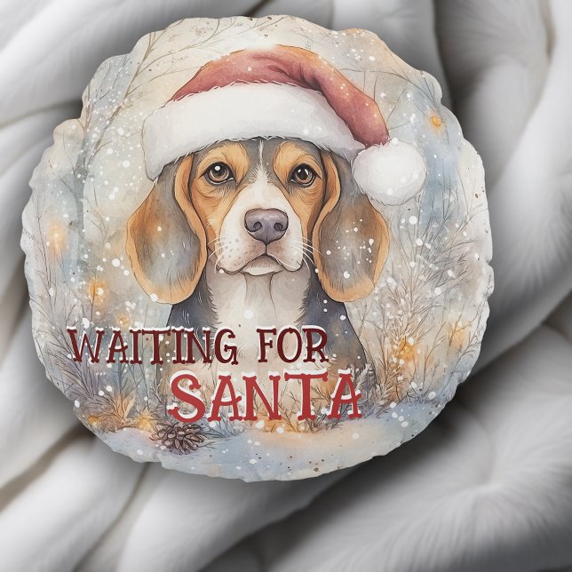 Beagle Weihnachten Gewartet für Santa Dog Wasserfa Rundes Kissen (Personalize this Beagle Christmas Waiting For Santa Dog Watercolor Round Pillow)