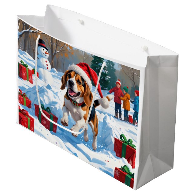 Beagle Weihnachten Weihnachtsfest Schneeszene Große Geschenktüte (Vorderseite Schrägansicht)