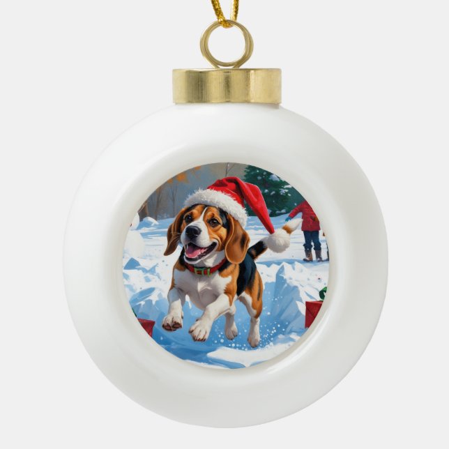 Beagle Weihnachten Weihnachtsfest Schneeszene Keramik Kugel-Ornament (Vorderseite)