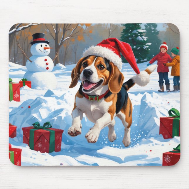 Beagle Weihnachten Weihnachtsfest Schneeszene Mousepad (Vorne)
