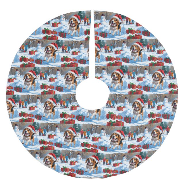 Beagle Weihnachten Weihnachtsfest Schneeszene Polyester Weihnachtsbaumdecke (Vorderseite)