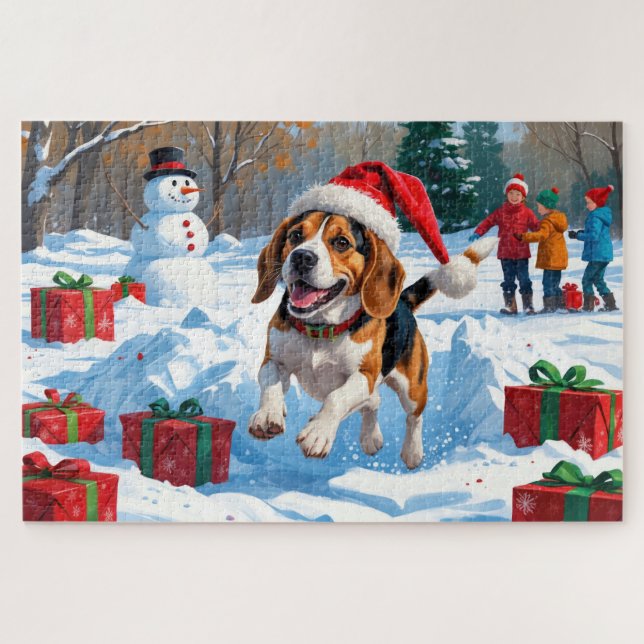 Beagle Weihnachten Weihnachtsfest Schneeszene Puzzle (Horizontal)