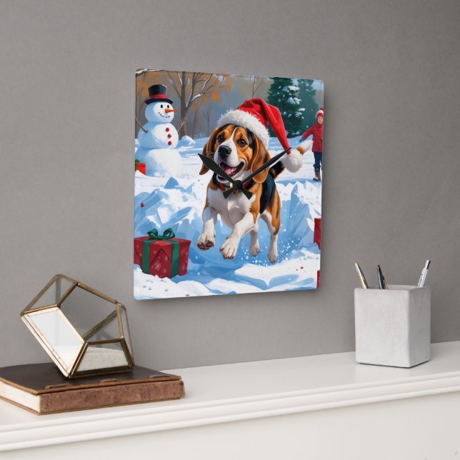 Beagle Weihnachten Weihnachtsfest Schneeszene Quadratische Wanduhr (Büro)