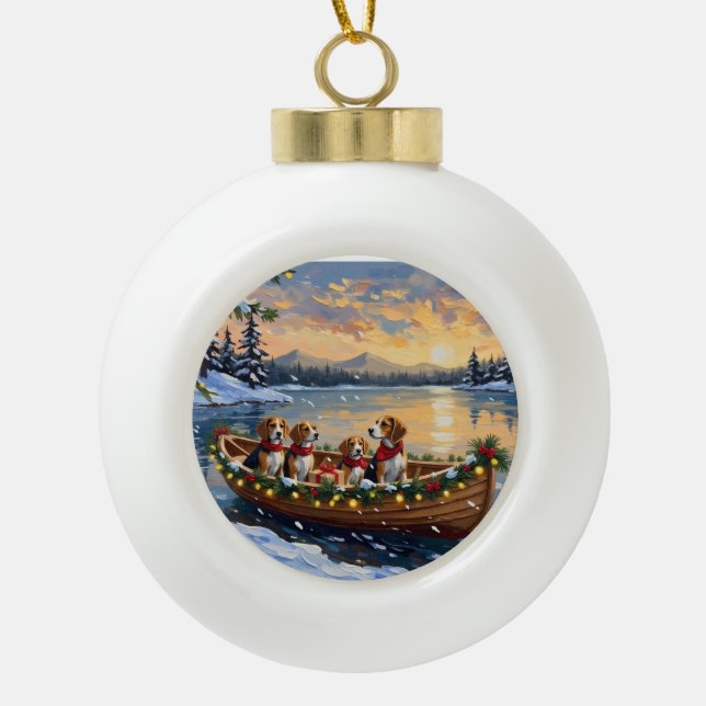 Beagle-Weihnachtsboot-Feiertag Keramik Kugel-Ornament (Vorderseite)