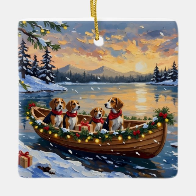 Beagle Weihnachtsboot-Feiertag Keramikornament (Vorderseite)