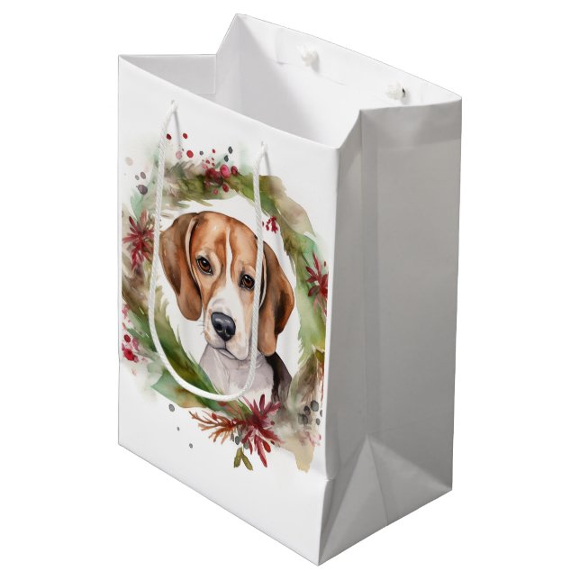 Beagle Weihnachtsfest Mittlere Geschenktüte (Vorderseite Schrägansicht)