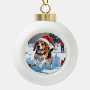 Beagle Weihnachtsfestliche Schneeszene Keramik Kugel-Ornament