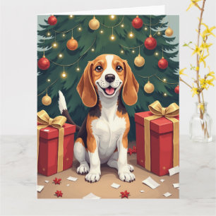 Beagle Weihnachtsmorgen-Geschenk-Auspacken-Malerei Karte