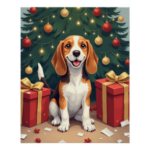 Beagle-Weihnachtsmorgen-Geschenk-Auspacken-Malerei Poster