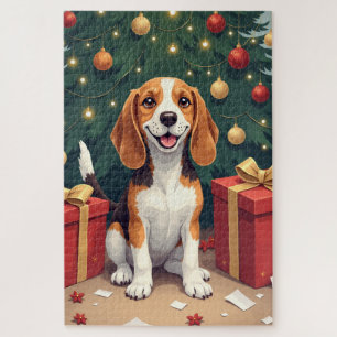 Beagle Weihnachtsmorgen-Geschenk-Auspacken-Malerei Puzzle