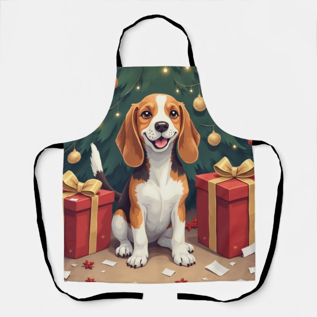 Beagle Weihnachtsmorgen-Geschenk-Entpackung Malere Schürze (Vorderseite)