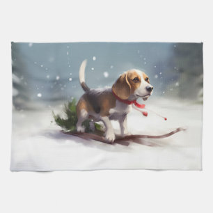 Beagle Weihnachtsschnee im Winter Geschirrtuch