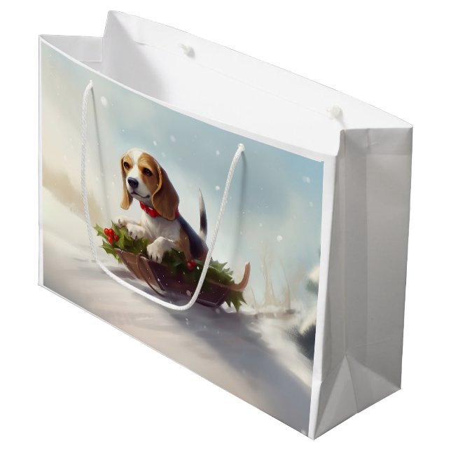 Beagle Weihnachtsschnee im Winter Große Geschenktüte (Vorderseite Schrägansicht)