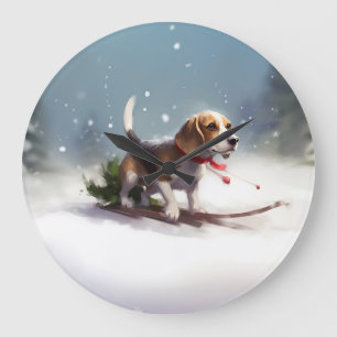 Beagle Weihnachtsschnee im Winter Große Wanduhr