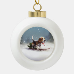 Beagle Weihnachtsschnee im Winter Keramik Kugel-Ornament