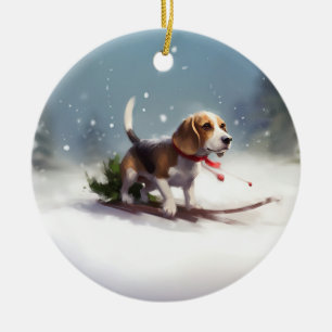 Beagle Weihnachtsschnee im Winter Keramik Ornament
