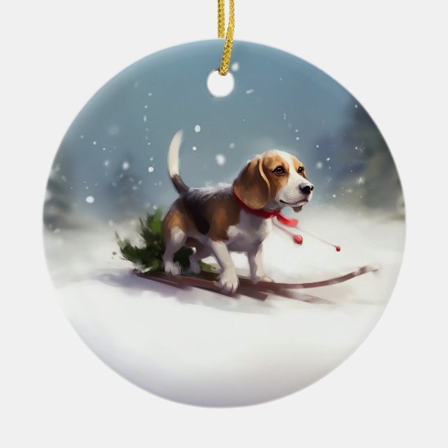 Beagle Weihnachtsschnee im Winter Keramik Ornament (Vorne)
