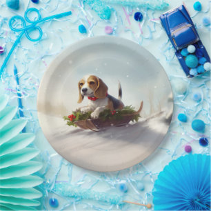 Beagle Weihnachtsschnee im Winter Pappteller