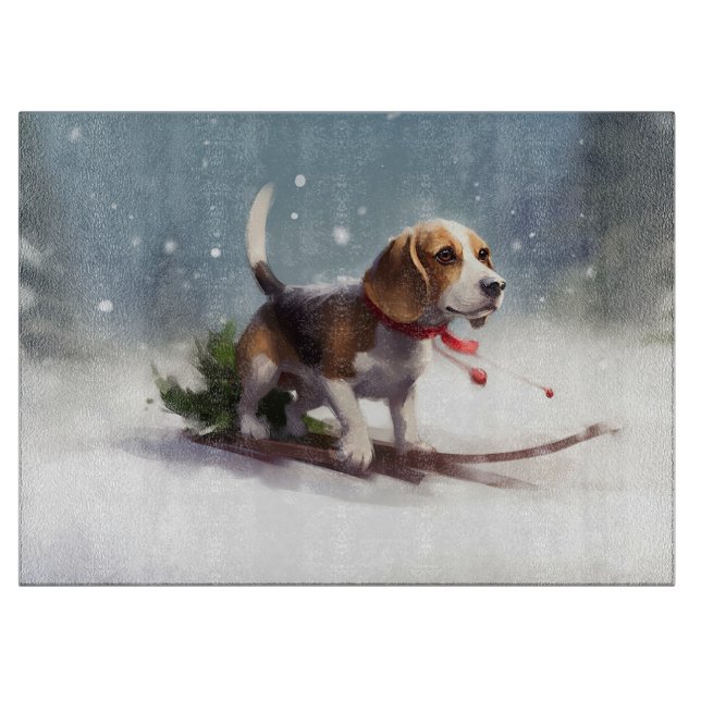 Beagle Weihnachtsschnee im Winter Schneidebrett (Vorderseite)