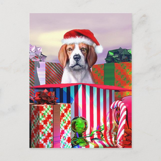 Beagle Weihnachtsüberraschung Feiertagspostkarte (Vorderseite)