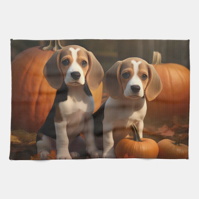 Beagle Welpe Herbst Kürbis Geschirrtuch (Horizontal)