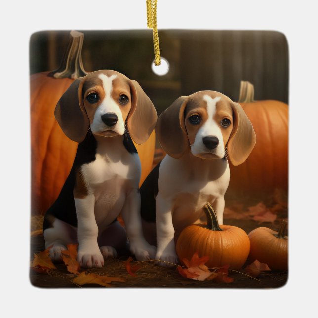 Beagle Welpe Herbst Kürbis Keramikornament (Vorderseite)