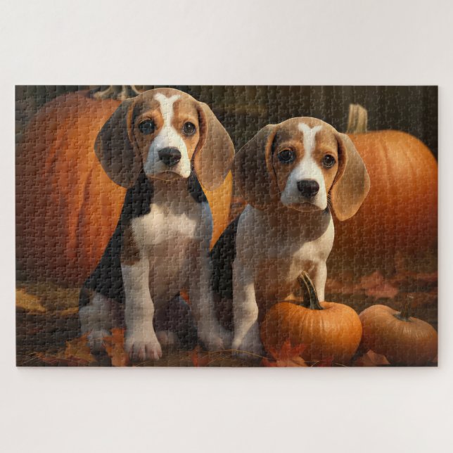 Beagle Welpe Herbst Kürbis Puzzle (Horizontal)