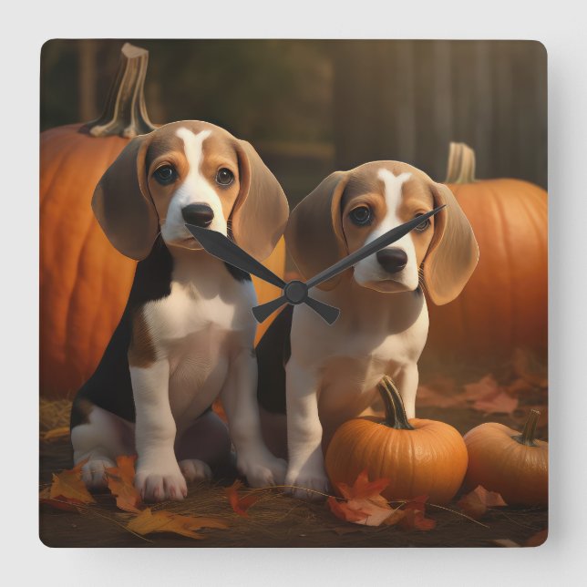 Beagle Welpe Herbst Kürbis Quadratische Wanduhr (Vorderseite)
