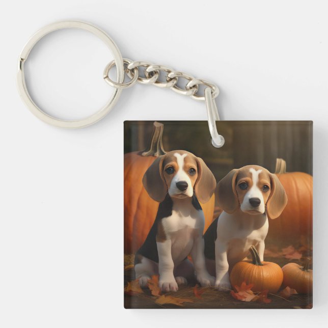 Beagle Welpe Herbst Kürbis Schlüsselanhänger (Vorderseite)