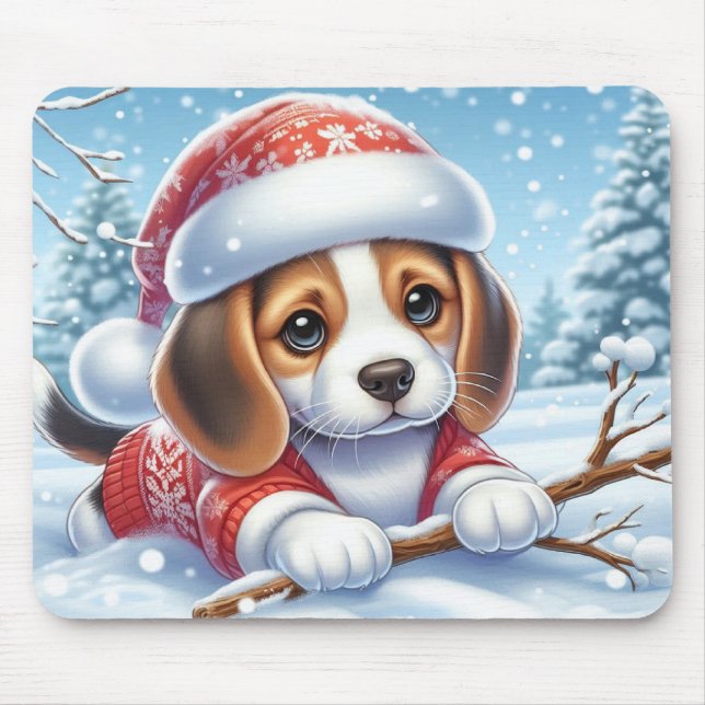 Beagle Welpe im Weihnachtsgeschäft geniessen den S Mousepad (Vorne)