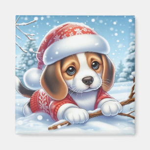 Beagle-Welpe im Weihnachtsoutfit genießt den Schne Magnet