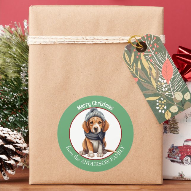Beagle Welpe im Winter Scarf und Hat Weihnachten Runder Aufkleber (Feiertag)