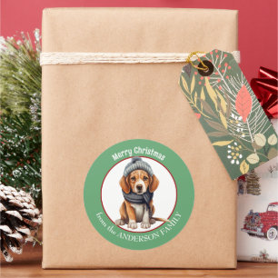 Beagle Welpe im Winter Scarf und Hat Weihnachten Runder Aufkleber